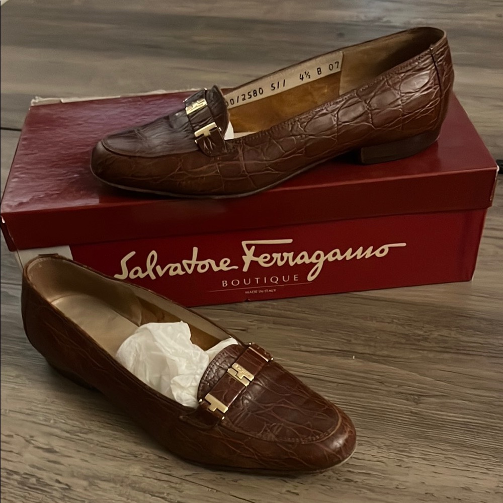 Salvatore Ferragamo Calf-Croc Brown Loafers Size 4.5